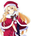  1girl alternate_costume asymmetrical_sleeves bangs blonde_hair blush breasts capelet chata_maru_(irori_sabou) christmas commentary_request ereshkigal_(fate/grand_order) eyebrows_visible_through_hair fate/grand_order fate_(series) hair_down hat highres leaning_forward long_hair looking_at_viewer medium_breasts parted_bangs pom_pom_(clothes) red_capelet red_eyes red_hat sack santa_costume santa_hat single_sleeve smile solo upper_body white_background 
