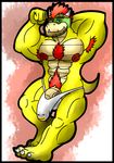  anthro armpits bowser clothing facial_hair hair horn koopa male mario_bros muscular muscular_male nintendo nipples pecs penis reptile scalie simple_background solo urbanmonster video_games 
