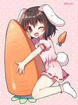  ;d animal_ears blush brown_hair bunny_ears bunny_tail carrot eyebrows_visible_through_hair inaba_tewi looking_at_viewer mauve one_eye_closed open_mouth pink_background polka_dot polka_dot_background red_eyes short_hair smile socks solo tail touhou twitter_username 