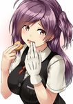  ahoge black_vest brown_eyes commentary_request cookie food hagikaze_(kantai_collection) highres holding kamelie kantai_collection long_hair looking_at_viewer one_side_up purple_hair school_uniform simple_background solo vest white_background 