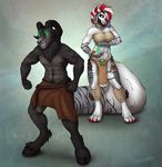  anthro canine caprine clothed clothing duo female goat horn hybrid loincloth looking_at_viewer mammal muscular smile staggard standing tongue tongue_out witchcraft 