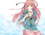 commentary_request covering_mouth face_mask fox_mask hata_no_kokoro long_hair mask mask_removed pink_eyes pink_hair plaid plaid_shirt rinarisa shirt solo touhou 