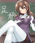  &gt;:) ;) ashigara_(kantai_collection) blush brown_eyes brown_hair chalkboard eyebrows_visible_through_hair jiiwara kantai_collection long_hair one_eye_closed pantyhose pointer signature smile solo twitter_username v-shaped_eyebrows white_legwear 