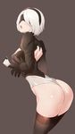  ass backless_outfit bent_over blindfold breasts brown_background cleavage feather-trimmed_sleeves hairband highres large_breasts leotard mole mole_under_mouth nier_(series) nier_automata no_pants open_mouth pocari_sweat_(artist) short_hair simple_background skindentation solo thighs white_hair white_leotard yorha_no._2_type_b 