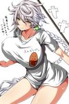  alternate_costume ar_(lover_boy) asymmetrical_hair bouncing_breasts breasts covered_nipples hair_between_eyes hair_ornament highres huge_breasts impossible_clothes jitome kantai_collection leaning_forward light_smile lips long_hair naked_shirt shirt silver_hair solo staff t-shirt thighs translation_request unryuu_(kantai_collection) very_long_hair white_shirt yellow_eyes 