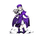  boots divine_gate fate/stay_night fate_(series) frilled_skirt frills full_body hat head_tilt illyasviel_von_einzbern long_hair looking_at_viewer official_art one_eye_closed purple_footwear purple_hat red_eyes silver_hair skirt skirt_hold smile solo transparent_background ucmm white_skirt 