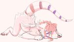  2016 anthro blue_sclera cannibalistic_tendencies claws digital_drawing_(artwork) digital_media_(artwork) dragon female fist fur furred_dragon hair horn long_hair looking_at_viewer looking_up lying nude on_front pawpads pink_background pink_fur pink_hair purple_fur purple_stripes raised_tail side_view simple_background smile solo stripes sugar_(cannibalistic-tendencies) teal_pawpads 