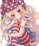  american_flag_dress american_flag_legwear blonde_hair blush clownpiece hat highres jester_cap long_hair looking_at_viewer open_mouth pantyhose polka_dot red_eyes simple_background sitting sleeveless solo star striped touhou usamata white_background 