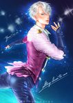  black_gloves blue_eyes copyright_name english gloves hair_over_one_eye kicba_a male_focus parted_lips partly_fingerless_gloves silver_hair sparkle standing standing_on_one_leg twitter_username viktor_nikiforov yuri!!!_on_ice 