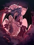  asuzemu bat_wings fang full_body hat hat_ribbon high_heels highres looking_at_viewer mob_cap moon night night_sky open_mouth outdoors red_footwear red_moon remilia_scarlet ribbon shoes short_hair single_shoe sky smile solo star_(sky) starry_sky touhou wings 