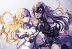  armor blonde_hair breasts dual_persona fate/apocrypha fate/grand_order fate_(series) ganik gauntlets headpiece holding_hands interlocked_fingers jeanne_d'arc_(alter)_(fate) jeanne_d'arc_(fate) jeanne_d'arc_(fate)_(all) large_breasts long_hair looking_at_viewer multiple_girls open_mouth purple_eyes yellow_eyes 