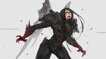  adapted_costume alternate_costume alternate_hairstyle black_hair blood blood_from_mouth cowboy_shot dark_persona gaoerji grey_background highres leaning_forward long_hair looking_at_viewer no_pupils open_mouth overwatch pharah_(overwatch) power_armor short_hair simple_background sketch solo zombie 