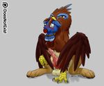  2017 avian balls bdsm blue_eyes blue_fur blush bondage bound brown_feathers brown_fur claws cock_gag digital_media_(artwork) drooling duo equine fan_character feathered_wings feathers feral fur gag grey_background gryphon horse knot looking_at_viewer male male/male mammal my_little_pony neck_bulge oral_vore penis pony saewin saliva seaward_skies signature simple_background sitting tan_fur theandymac vore wings 