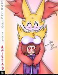  2017 anthro blush breasts canine clothed clothing comic delphox digital_media_(artwork) duo e-01 english_text eyes_closed featureless_breasts female fox fur hair hug human inner_ear_fluff looking_at_viewer male male/female mammal multicolored_fur nintendo orange_fur pok&eacute;mon red_eyes red_fur simple_background smile spanish_text standing text video_games white_fur yellow_fur 