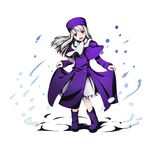  boots divine_gate fate/stay_night fate_(series) frilled_skirt frills full_body hat head_tilt illyasviel_von_einzbern long_hair looking_at_viewer official_art open_mouth purple_footwear purple_hat red_eyes silver_hair skirt skirt_hold solo transparent_background ucmm white_skirt 