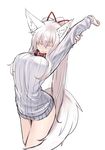  animal_ears arms_up breasts closed_eyes collar cropped_legs fox_ears fox_tail hair_ribbon highres large_breasts long_hair long_sleeves original ponytail ribbed_sweater ribbon sakura_inu simple_background sketch solo stretch sweater tail very_long_hair white_background white_hair white_sweater 