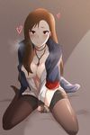  bed breasts brown_eyes brown_hair cleavage closers condom gloves heart heavy_breathing highres jewelry kim_yujeong long_hair medium_breasts necklace pantyhose pocari_sweat_(artist) short_shorts shorts sitting solo sweat 