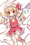  ascot blonde_hair blush flandre_scarlet hat long_hair looking_at_viewer lying mauve on_back red_eyes red_ribbon ribbon side_ponytail sketch socks solo touhou wings 