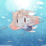  :t air_bubble alternate_costume barefoot black_ribbon blonde_hair bubble chibi commentary fish freediving hair_flaps hair_ornament hair_ribbon hairclip holding_breath kantai_collection long_hair momoniku_(taretare-13) name_tag outstretched_arms remodel_(kantai_collection) ribbon school_swimsuit solo spread_arms swimming swimsuit twitter_username underwater yuudachi_(kantai_collection) 