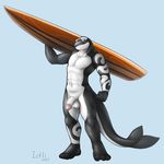  4_toes abs alternate_version_available anthro athletic balls barefoot cetacean circumcised fist flaccid front_view holding_object humanoid_penis iztli looking_away mammal marine nude orca pecs penis scar shaded signature standing surfboard tattoo toes tribal_tattoo whale 