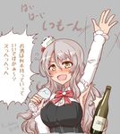  arm_up armpits blush bottle bow bowtie breasts check_translation cup drinking_glass drooling drunk grey_background hat heart heart-shaped_pupils kantai_collection kihou_no_gotoku_dmc large_breasts light_brown_hair long_hair long_sleeves mini_hat pola_(kantai_collection) red_bow red_neckwear shirt simple_background solo speech_bubble symbol-shaped_pupils tilted_headwear translation_request white_shirt wine_bottle wine_glass yellow_eyes 