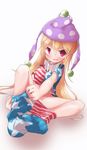  akisha american_flag_legwear american_flag_shirt blonde_hair clownpiece full_body hair_between_eyes hat highres jester_cap long_hair looking_at_viewer neck_ruff no_panties non-web_source pantyhose pantyhose_pull pink_eyes polka_dot shirt short_sleeves simple_background sitting solo star star_print striped touhou white_background 