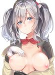  bad_id bad_pixiv_id blue_eyes blush bow bowtie breasts breasts_apart commentary gloves highres kantai_collection kashima_(kantai_collection) large_breasts long_hair looking_at_viewer nipples silver_hair sketch solo takitou twintails upper_body wavy_hair white_gloves 