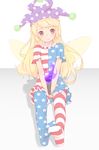  american_flag_dress american_flag_legwear bangs blonde_hair clownpiece dress fairy_wings fire full_body hat head_tilt jester_cap long_hair neck_ruff pantyhose polka_dot red_eyes sakurea short_dress short_sleeves sitting smile solo star star_print striped torch touhou two-tone_background v_arms wings 