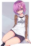  black-framed_eyewear blush cross-laced_footwear fate/grand_order fate_(series) glasses highres mash_kyrielight mizuiro_raika pink_eyes purple_hair short_hair shorts sitting solo 