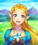  blonde_hair blue_eyes braid breasts burbur day eyebrows face fingerless_gloves flower french_braid gloves grass hair_ornament hairclip half-closed_eyes happy long_hair looking_at_viewer open_mouth outdoors pointy_ears princess_zelda sky small_breasts smile solo the_legend_of_zelda the_legend_of_zelda:_breath_of_the_wild thick_eyebrows upper_body watermark web_address 