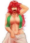 arm_up bare_arms bare_shoulders bloomers breasts cleavage collarbone groin hair_flip half-closed_eyes hong_meiling koyubi_(littlefinger1988) large_breasts long_hair loose_clothes messy_hair muscle muscular_female navel no_bra no_panties one_eye_closed open_clothes open_mouth open_vest red_hair scar shiny shiny_skin simple_background solo tired touhou underwear vest waking_up white_background yawning 