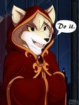  ambiguous_gender canine clothing clovis_(twokinds) english_text fox fur hair hood hybrid infinitedge2u jewelry keidran mammal palpatine parody red_eyes robe smile solo text tongue twokinds white_fur window wolf yellow_sclera 