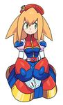  beret blonde_hair breasts cosplay green_eyes hat iris_(rockman_x) iris_(rockman_x)_(cosplay) long_hair medium_breasts muu_(mumumer) rockman rockman_dash rockman_x rockman_x4 roll_caskett smile solo 