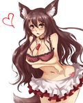  absurdres amagi_(amagi626) animal_ears bare_shoulders between_breasts blush box bra breast_hold breasts brown_eyes brown_hair cleavage collar cowboy_shot fang gift_between_breasts heart heart-shaped_box highres imaizumi_kagerou large_breasts long_hair midriff miniskirt navel open_mouth simple_background sketch skirt solo tail touhou underwear valentine white_background wolf_ears wolf_tail 