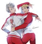  arm_up artist_name blonde_hair blue_eyes christophe_giacometti facial_hair gearous green_eyes hand_on_another's_hip hand_on_hip looking_back male_focus multiple_boys open_mouth silver_hair smile track_suit viktor_nikiforov yuri!!!_on_ice 