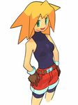  bike_shorts blonde_hair bodysuit breasts firstw1 gloves green_eyes long_hair open_mouth red_shorts rockman rockman_dash roll_caskett shorts small_breasts smile solo 