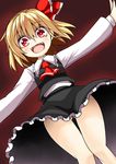  aki_chimaki ascot ass_visible_through_thighs blonde_hair dress fangs frills from_below hair_ribbon long_sleeves outstretched_arms red_eyes ribbon rumia short_hair smile touhou 