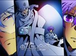  2boys akagami70 ayanami_(07-ghost) character_name closed_mouth copyright_name hat headwear labrador looking_at_another looking_at_viewer male_focus multiple_boys open_mouth purple_eyes purple_hair text_focus white_hair white_hat 
