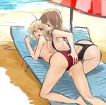  age_difference aimitsu_(ibityuttyu) akuma_no_riddle ass beach bikini black_swimsuit blonde_hair blush breasts brown_eyes brown_hair hashiri_nio highleg highleg_swimsuit large_breasts multiple_girls one-piece_swimsuit one-piece_thong open_mouth red_bikini red_eyes smile swimsuit untied untied_bikini yuri yuri_meichi 