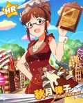  akizuki_ritsuko blush brown-eeys brown_hair character_name dress glasses idolmaster idolmaster_million_live! long_hair odango sky smile 
