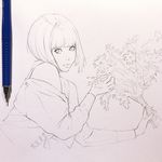  bangs blunt_bangs bob_cut contemporary flower graphite_(medium) holding holding_flower ilya_kuvshinov lineart looking_at_viewer monochrome original photo short_hair sketch solo traditional_media 