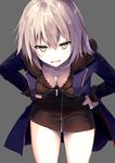  3: artist_name bangs black_dress blonde_hair blush breasts coat collarbone commentary_request cosplay cowboy_shot downblouse dress eyebrows_visible_through_hair fate/grand_order fate_(series) fur_collar grey_background hands_on_hips highres jacket jeanne_d'arc_(alter)_(fate) jeanne_d'arc_(fate)_(all) jewelry kouyafu leaning_forward long_hair looking_at_viewer medium_breasts necklace open_clothes open_coat open_mouth short_dress signature simple_background solo v-shaped_eyebrows wicked_dragon_witch_ver._shinjuku_1999 yellow_eyes 