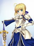  ahoge armor arthur_pendragon_(fate) arthur_pendragon_(fate)_(cosplay) artoria_pendragon_(all) blonde_hair cosplay excalibur_(fate/prototype) fate/prototype fate/stay_night fate_(series) green_eyes hair_bun namonashi saber sword weapon 