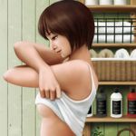  areola_slip areolae basket blurry bottle breasts brown_eyes brown_hair crossed_arms depth_of_field ebi_(eeotoko) from_side highres medium_breasts original plant shirt solo tank_top towel underboob undressing white_shirt wooden_wall 