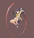  bike_shorts blue_eyes boots brown_background energy_sword full_body glowing glowing_eye imura_(shiro_maru) jumping long_hair original pleated_skirt ponytail purple_hair shiro_maru shorts shorts_under_skirt skirt solo sword weapon 