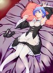  :o bed blue_eyes blue_hair blush breasts cleavage headband_removed long_sleeves lying maid medium_breasts on_back open_mouth pantyhose re:zero_kara_hajimeru_isekai_seikatsu rem_(re:zero) rixch shoes_removed short_hair solo 