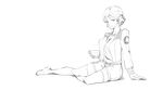  alternate_costume arm_support barefoot bomber_jacket cup darjeeling girls_und_panzer highres jacket looking_at_viewer military military_uniform monochrome saunders_military_uniform short_hair shorts sketch snow_(1477031) solo teacup traditional_media uniform white_background 