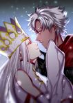  1girl bad_id bad_pixiv_id bare_shoulders black_eyes commentary_request crown crying crying_with_eyes_open dark_skin detached_sleeves dress_of_heaven emiya_kiritsugu emiya_kiritsugu_(assassin) eye_contact fate/grand_order fate_(series) finger_to_another's_chin from_side husband_and_wife irisviel_von_einzbern irisviel_von_einzbern_(caster) karuha_(kokuyouboys) long_hair looking_at_another red_eyes tears white_hair wide_sleeves 