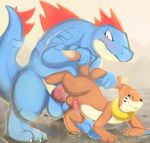  3_toes all_fours anal anal_penetration balls buizel crocodilian cum cum_drip dripping duo erection feraligatr jetshark knot male male/male nintendo nude penetration penis pok&eacute;mon reptile scalie sex simple_background size_difference smile standing tail_grab toes video_games 