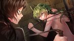  1boy 1girl against_wall artist_request bdsm black_hair clothed_female_nude_male dungeon eyes_closed femdom frown game_cg green_hair long_hair looking_back nude purple_eyes scared smile standing whip whip_marks whipping 